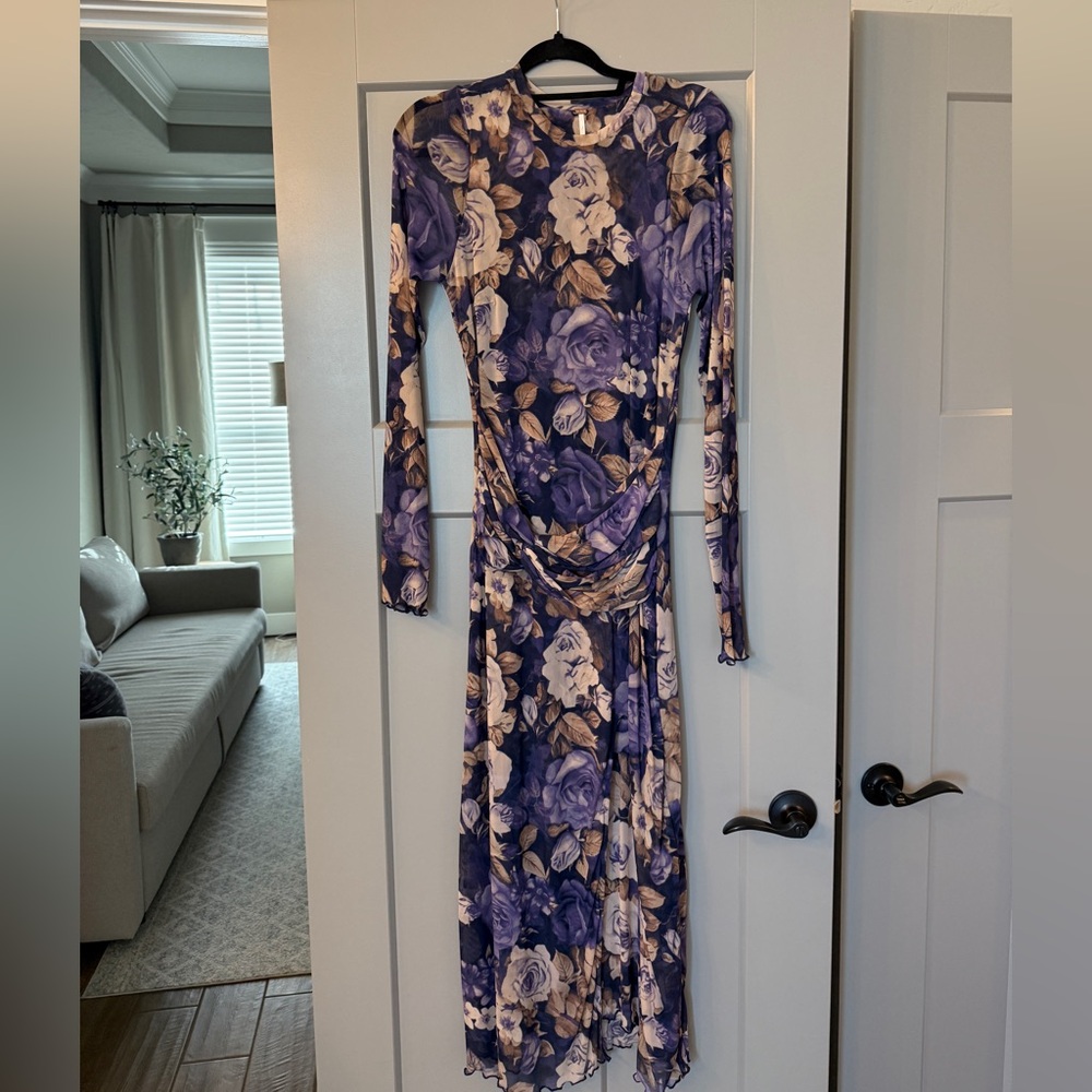 Free People Purple and Cream Floral Long Sleeve Dress